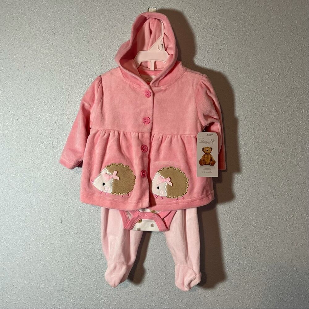 NWT Rene Rofe Pink & White Hedgehog Hooded Jacket Set 3-6 Months